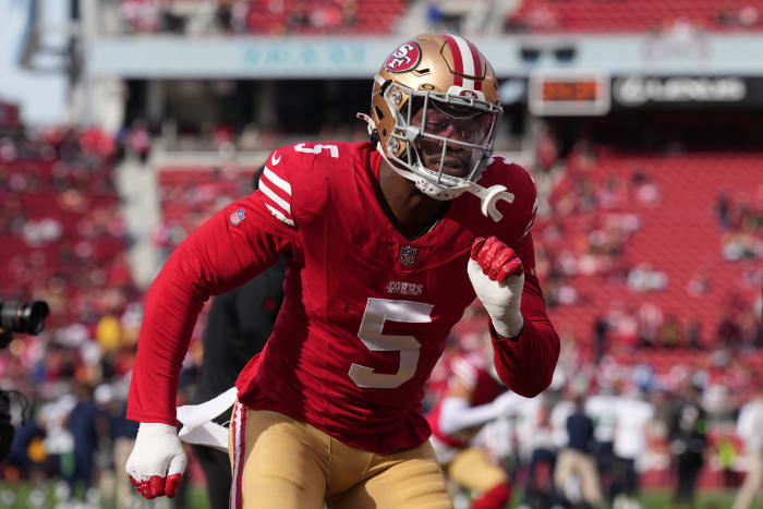 Dec 10, 2023; Santa Clara, California, USA; San Francisco 49ers linebacker Randy Gregory (5) warms up before the game against the Seattle Seahawks at Levi's Stadium.